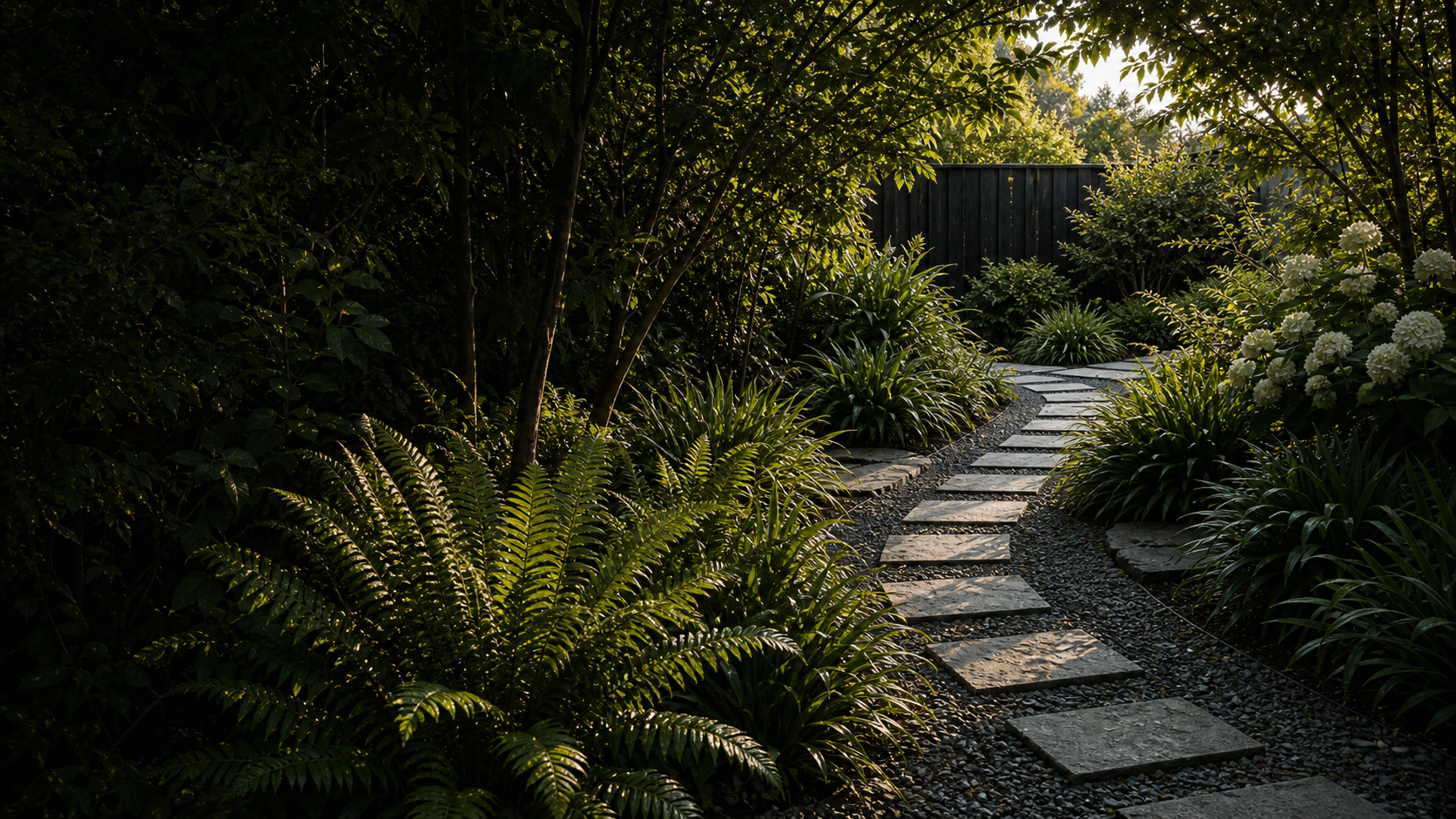 Landscaped garden path of stone pavers curving through lush ferns and layered planting