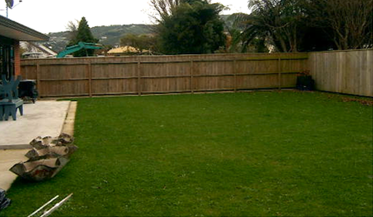Fresh lawn and planted borders along a timber boundary fence